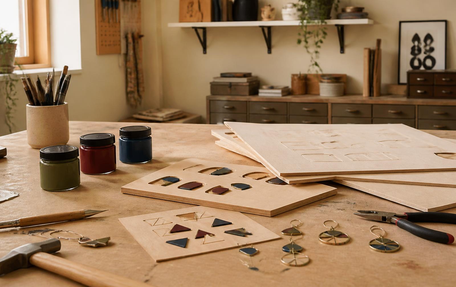 Studio bench with birch plywood sheets, paint pots and half-finished jewellery